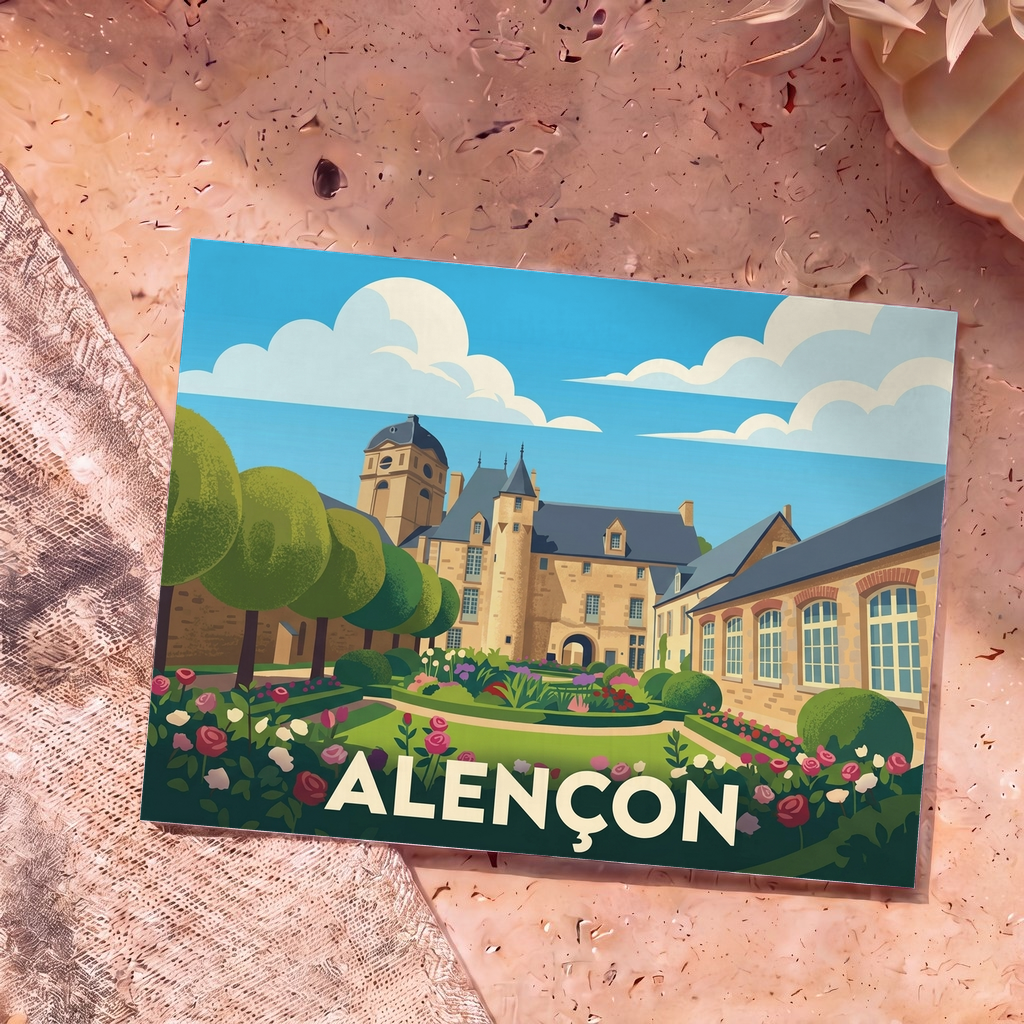 Carte postale souvenir de la ville d'Alençon avec une illustration stylisée de son château et de ses jardins fleuris.