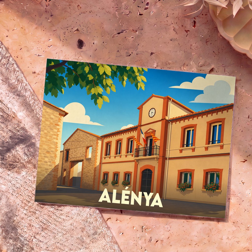 Carte postale souvenir de la ville d'Alénya présentant une illustration stylisée de son hôtel de ville sous un ciel ensoleillé.
