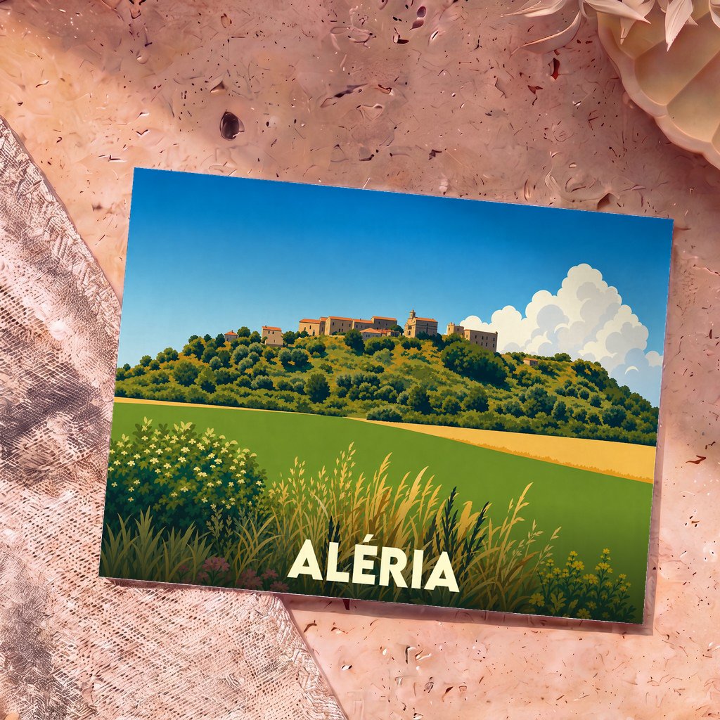 Carte postale souvenir de la ville d'Aléria avec une illustration stylisée de son village perché.
