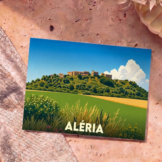 Carte postale souvenir de la ville d'Aléria avec une illustration stylisée de son village perché.