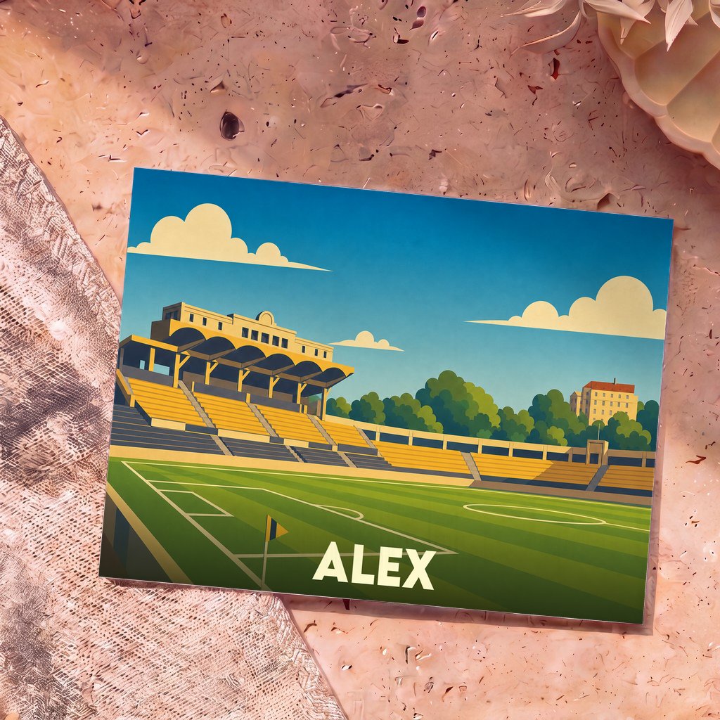 Carte postale souvenir de la ville d'Alex illustrant un stade de football au style graphique épuré.