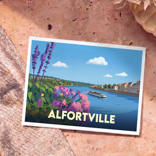 Carte postale souvenir de la ville d'Alfortville avec une illustration stylisée d'un bateau sur la Seine bordée de fleurs.