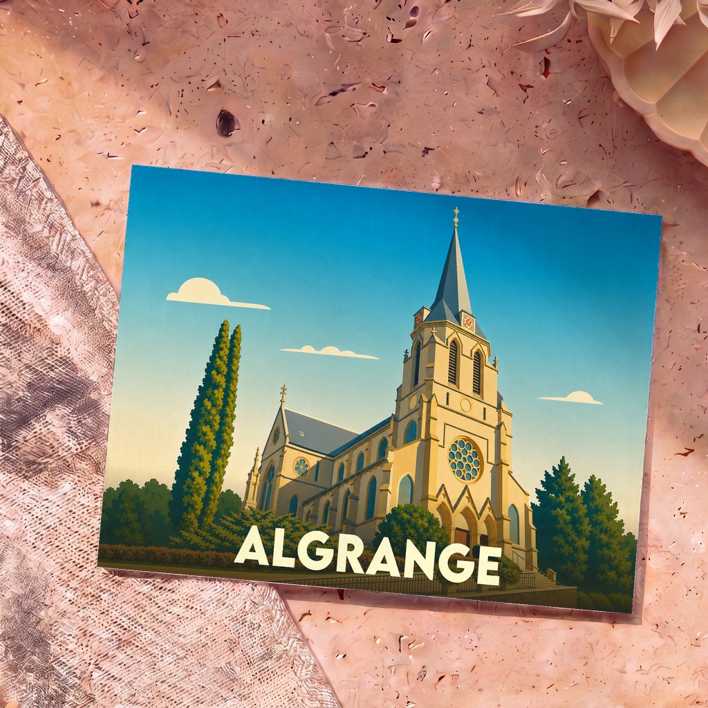 Carte postale souvenir de la ville d'Algrange avec une illustration stylisée de son église.