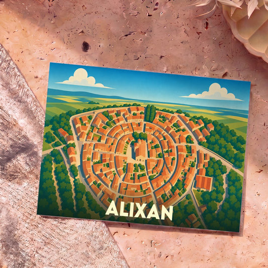 Carte postale souvenir de la ville d'Alixan présentant une illustration stylisée de son village circulaire vu du ciel.