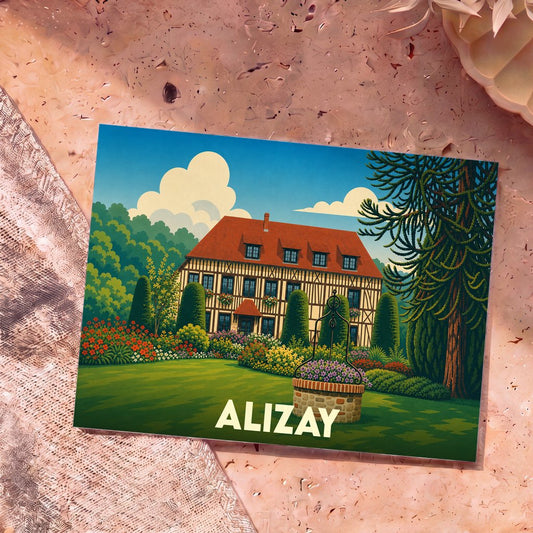 Carte postale souvenir de la ville d'Alizay illustrant une maison à colombages et son jardin fleuri dans un style rétro.