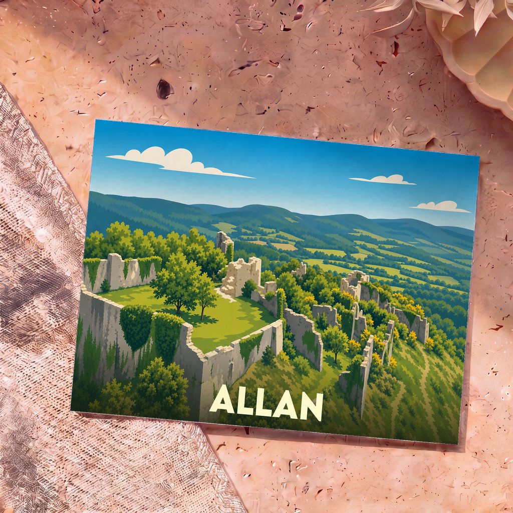 Carte postale souvenir de la ville d'Allan avec une illustration stylisée de ses ruines médiévales.