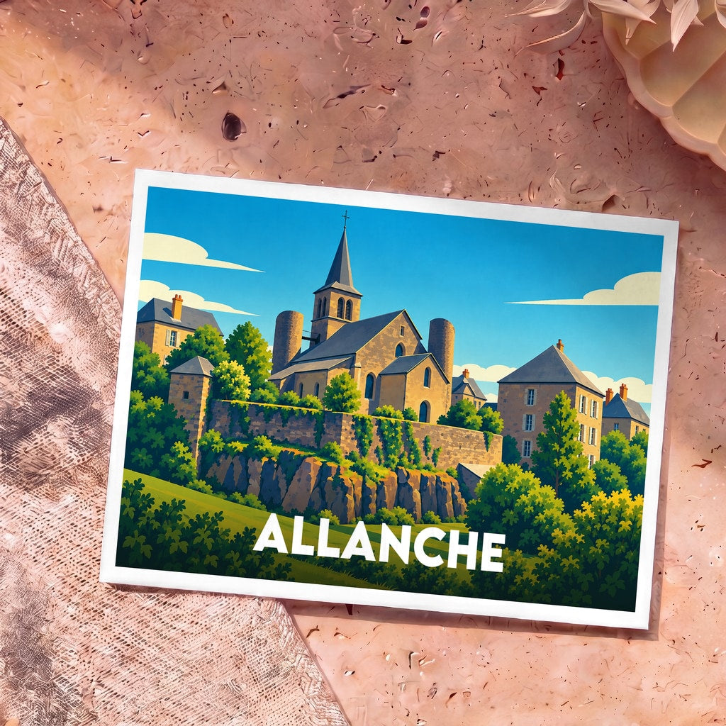 Carte postale souvenir de la ville d'Allanche avec une illustration stylisée.