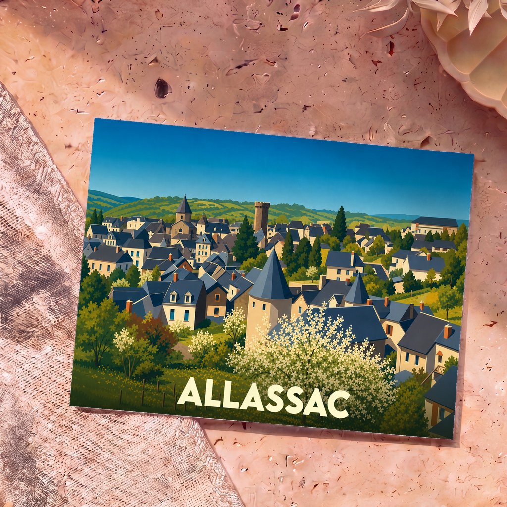 Carte postale souvenir de la ville d'Allassac présentant une illustration stylisée et colorée de son paysage urbain.