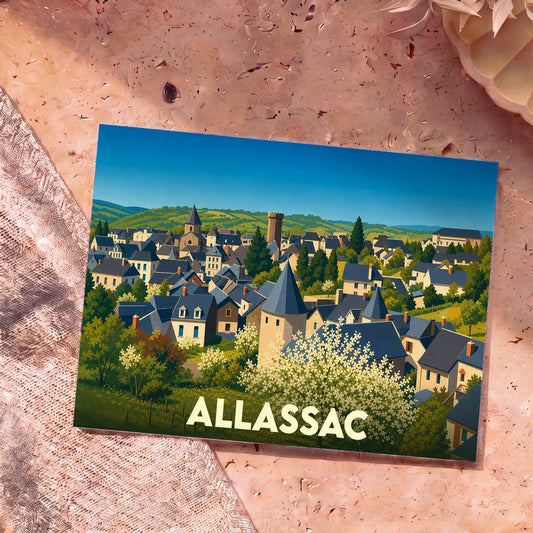 Carte postale souvenir de la ville d'Allassac présentant une illustration stylisée et colorée de son paysage urbain.