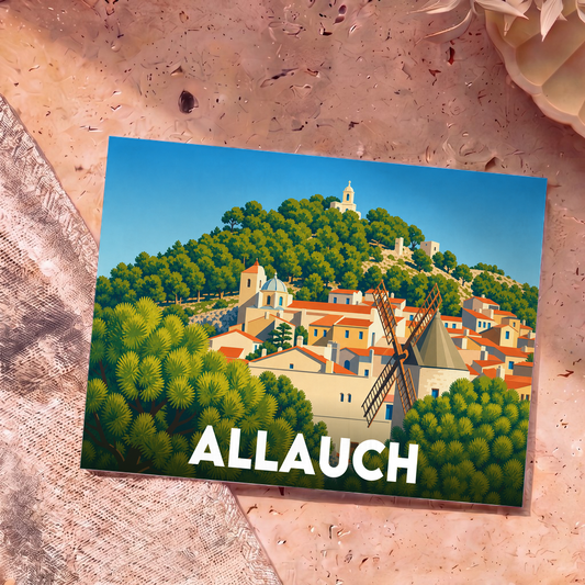 Carte postale souvenir de la ville d'Allauch avec une illustration stylisée d'un village provençal et son moulin.