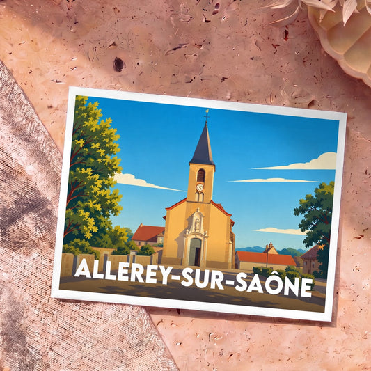 Carte postale souvenir de la ville d'Allerey-sur-Saône avec une illustration stylisée de son église sous un ciel bleu.