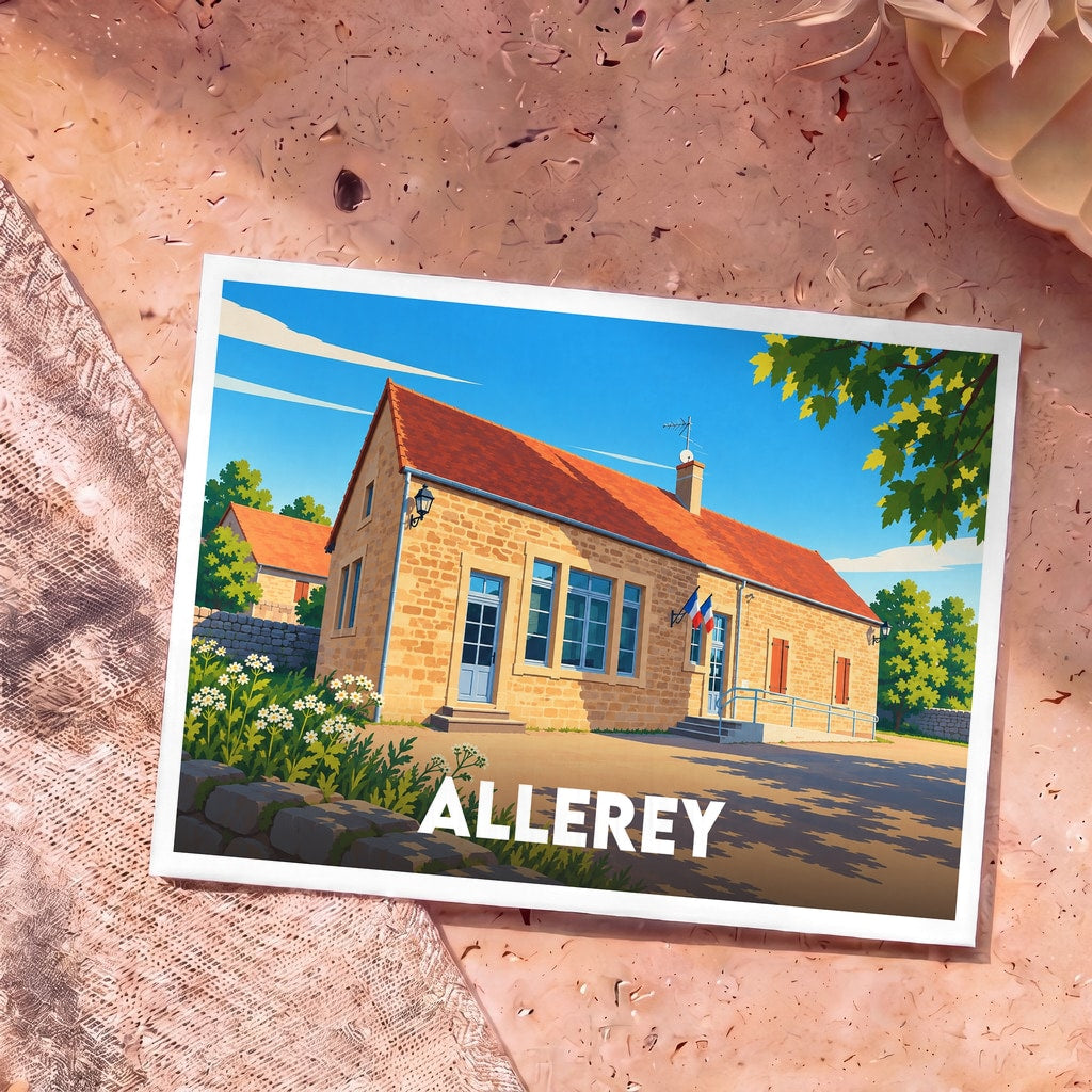 Carte postale souvenir de la ville d'Allerey avec une illustration stylisée de sa mairie.