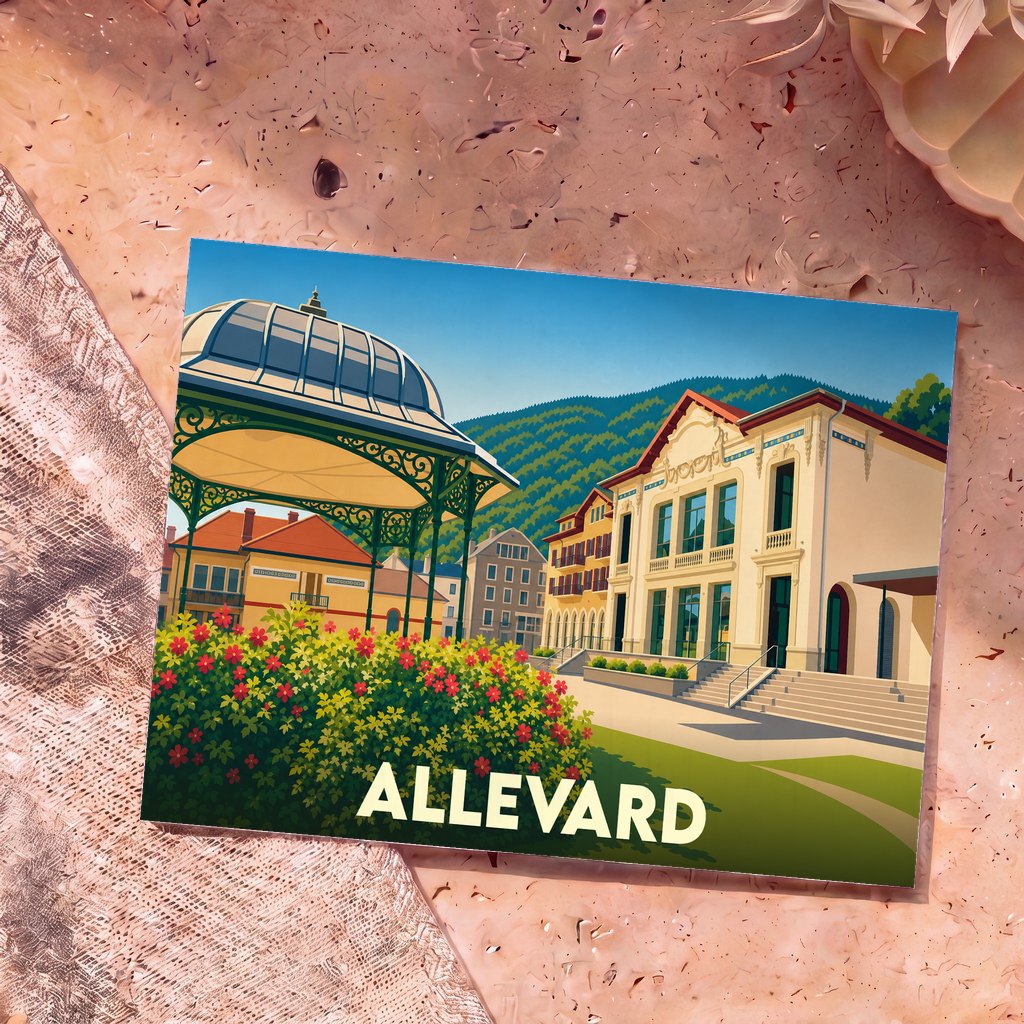 Carte postale souvenir de la ville d'Allevard arborant une illustration stylisée de son architecture et de ses montagnes.