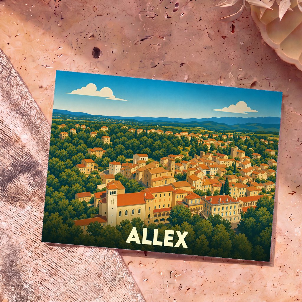 Carte postale souvenir de la ville d'Allex illustrée d'un panorama coloré et stylisé.
