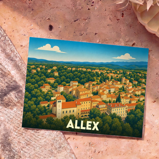 Carte postale souvenir de la ville d'Allex illustrée d'un panorama coloré et stylisé.