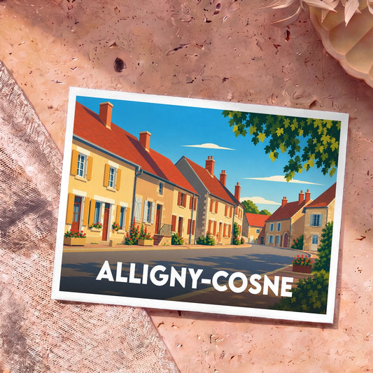 Carte postale souvenir de la ville d'Alligny-Cosne avec une illustration stylisée de ses maisons colorées.