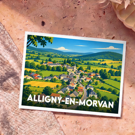 Carte postale souvenir de la ville d'Alligny-en-Morvan avec une illustration stylisée d'un village niché dans les collines verdoyantes.