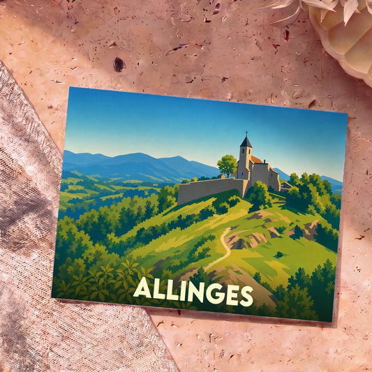 Carte postale souvenir de la ville d'Allinges avec une illustration stylisée des Châteaux d'Allinges surplombant les montagnes.
