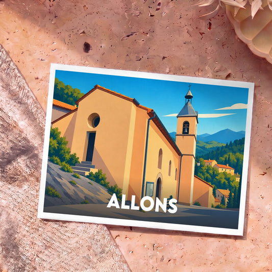 Carte postale souvenir de la ville d'Allons avec une illustration stylisée de son église provençale.