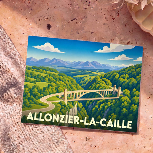 Carte postale souvenir de la ville d'Allonzier-la-Caille avec une illustration stylisée du pont de la Caille.