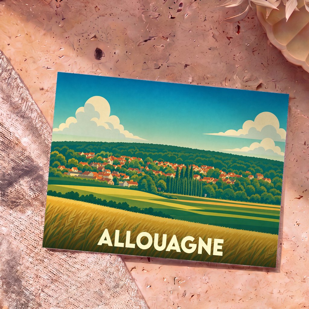 Carte postale souvenir de la ville d'Allouagne illustrant un paysage de campagne stylisé sous un ciel bleu.
