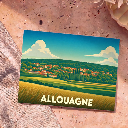 Carte postale souvenir de la ville d'Allouagne illustrant un paysage de campagne stylisé sous un ciel bleu.