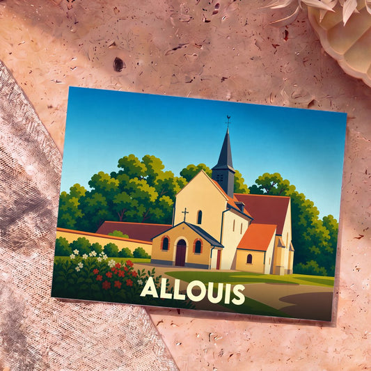 Carte postale souvenir de la ville d'Allouis avec une illustration stylisée de son église.