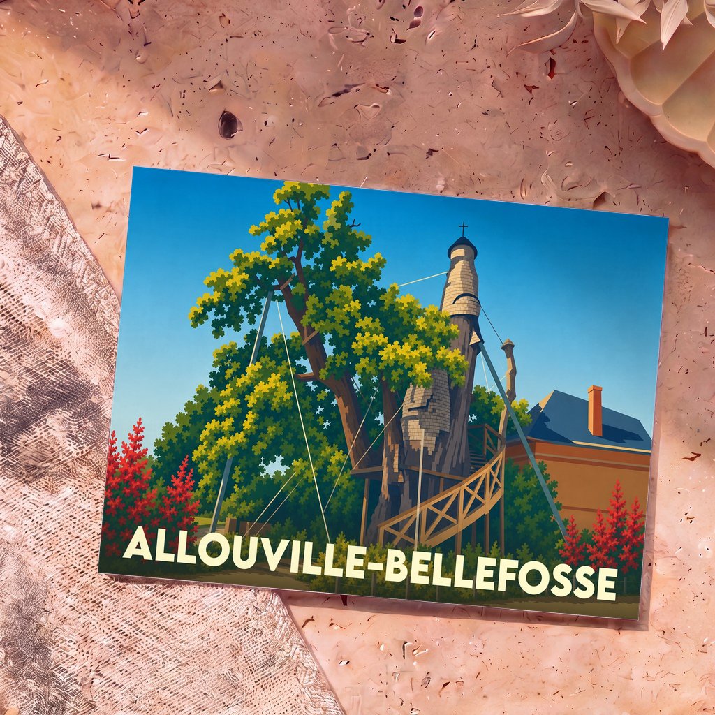 Carte postale souvenir de la ville d'Allouville-Bellefosse avec une illustration stylisée du célèbre chêne-chapelle.