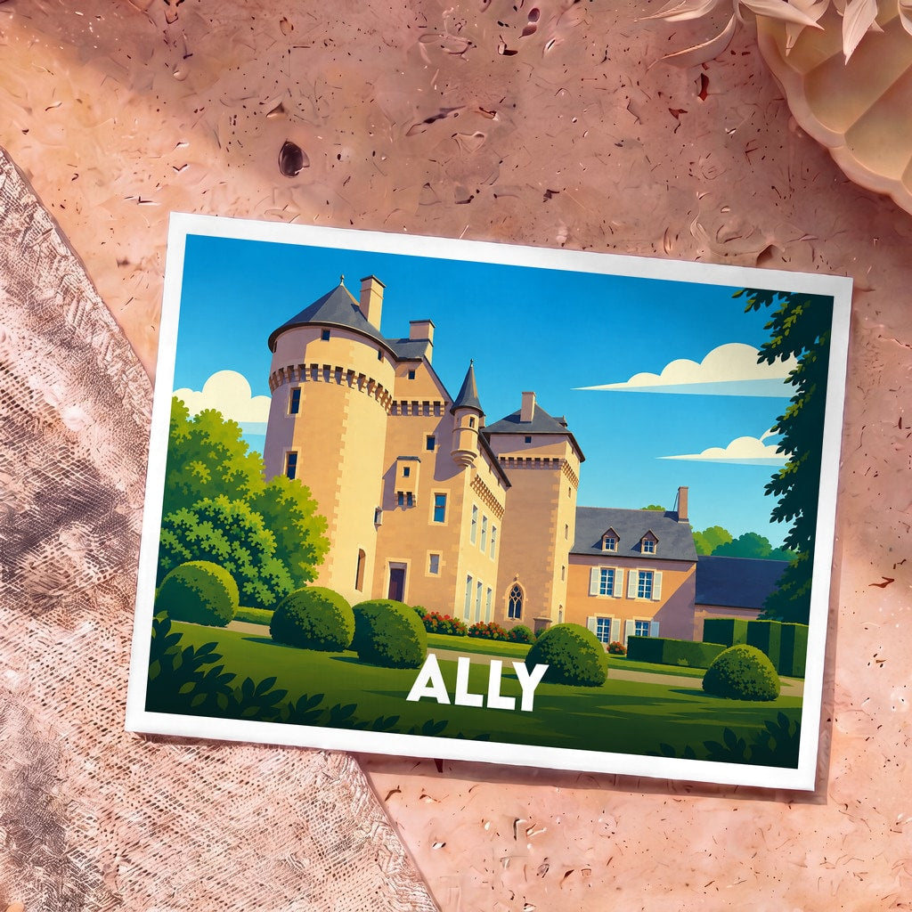 Carte postale souvenir de la ville de Ally illustrant son château avec un style graphique épuré.