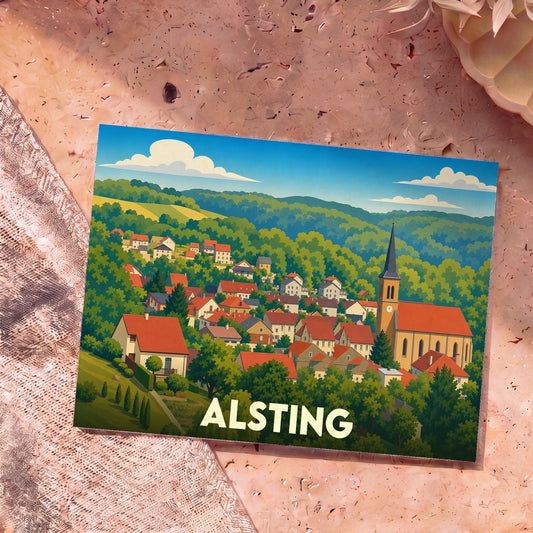 Carte postale souvenir de la ville d'Alsting avec une illustration stylisée d'un village vallonné.