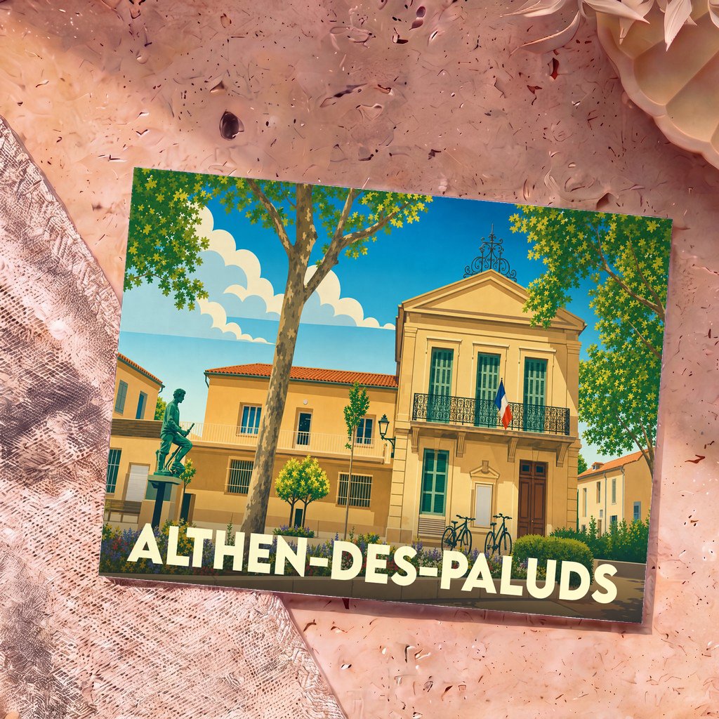 Carte postale souvenir de la ville d'Althen-des-Paluds avec une illustration stylisée de la mairie.