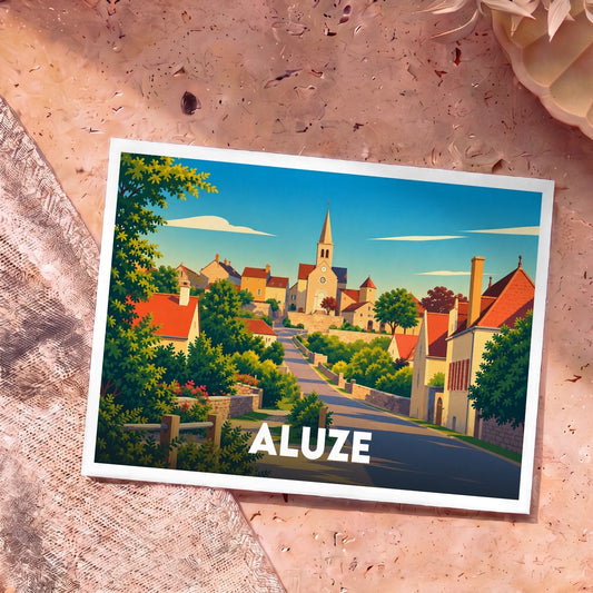 Carte postale souvenir de la ville d'Aluze avec une illustration stylisée et colorée.