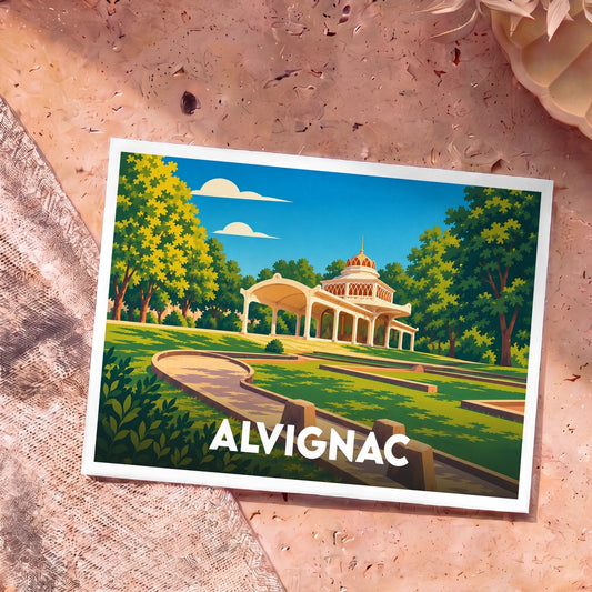 Carte postale souvenir de la ville d'Alvignac avec une illustration stylisée d'un parc thermal.