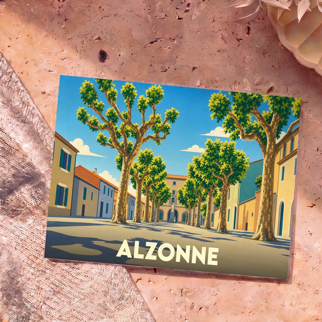 Carte postale souvenir de la ville d'Alzonne avec une illustration stylisée d'une rue bordée de platanes.