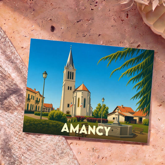 Carte postale souvenir de la ville d'Amancy avec une illustration stylisée de son église et de sa place.