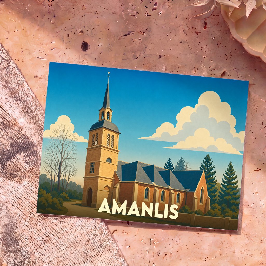 Carte postale souvenir de la ville d'Amanlis avec une illustration stylisée de son église sous un ciel nuageux.