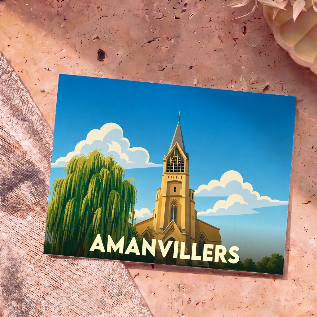 Carte postale souvenir de la ville d'Amanvillers illustrant son église et un saule pleureur dans un style graphique épuré.