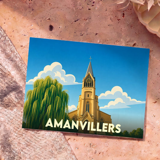 Carte postale souvenir de la ville d'Amanvillers illustrant son église et un saule pleureur dans un style graphique épuré.