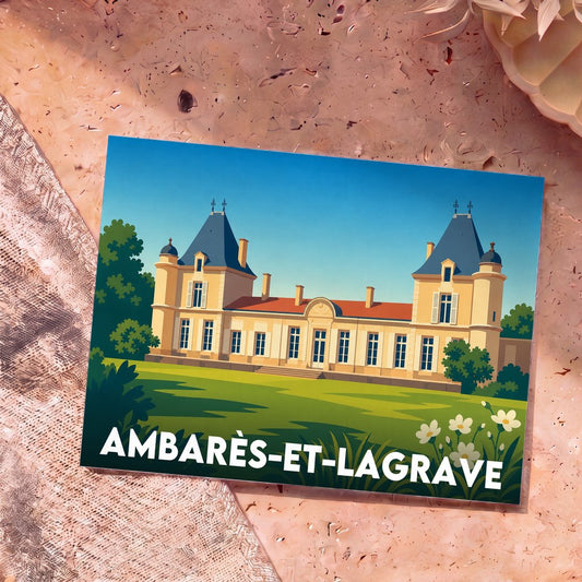 Carte postale souvenir de la ville d'Ambarès-et-Lagrave illustrant un château stylisé.