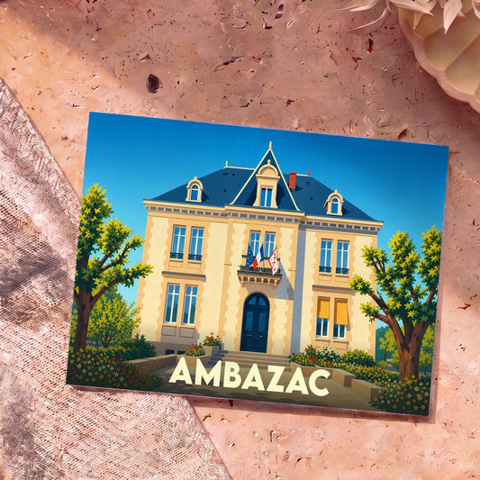 Carte postale souvenir de la ville d'Ambazac illustrant son hôtel de ville dans un style graphique et coloré.