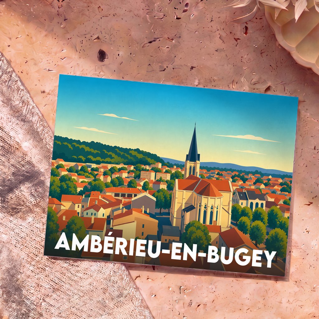 Carte postale souvenir de la ville d'Ambérieu-en-Bugey avec une illustration stylisée de son église et de ses toits.
