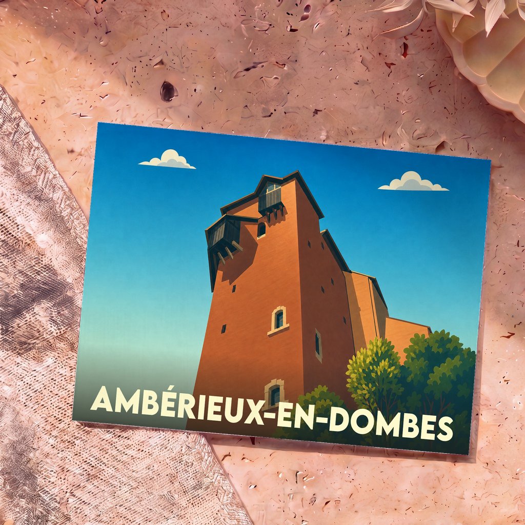 Carte postale souvenir de la ville d'Ambérieux-en-Dombes avec une illustration stylisée de son château.