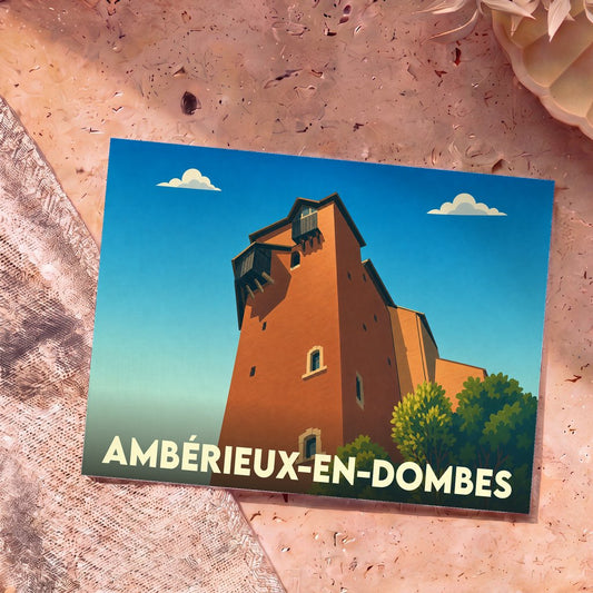 Carte postale souvenir de la ville d'Ambérieux-en-Dombes avec une illustration stylisée de son château.