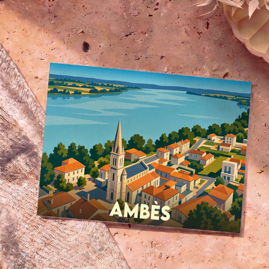 Carte postale souvenir de la ville d'Ambès avec une illustration stylisée de son église en bord de fleuve.