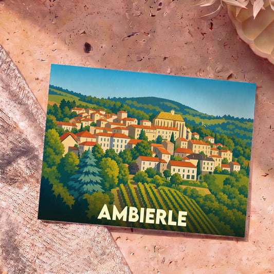 Carte postale souvenir de la ville d'Ambierle avec une illustration stylisée de son village vallonné.