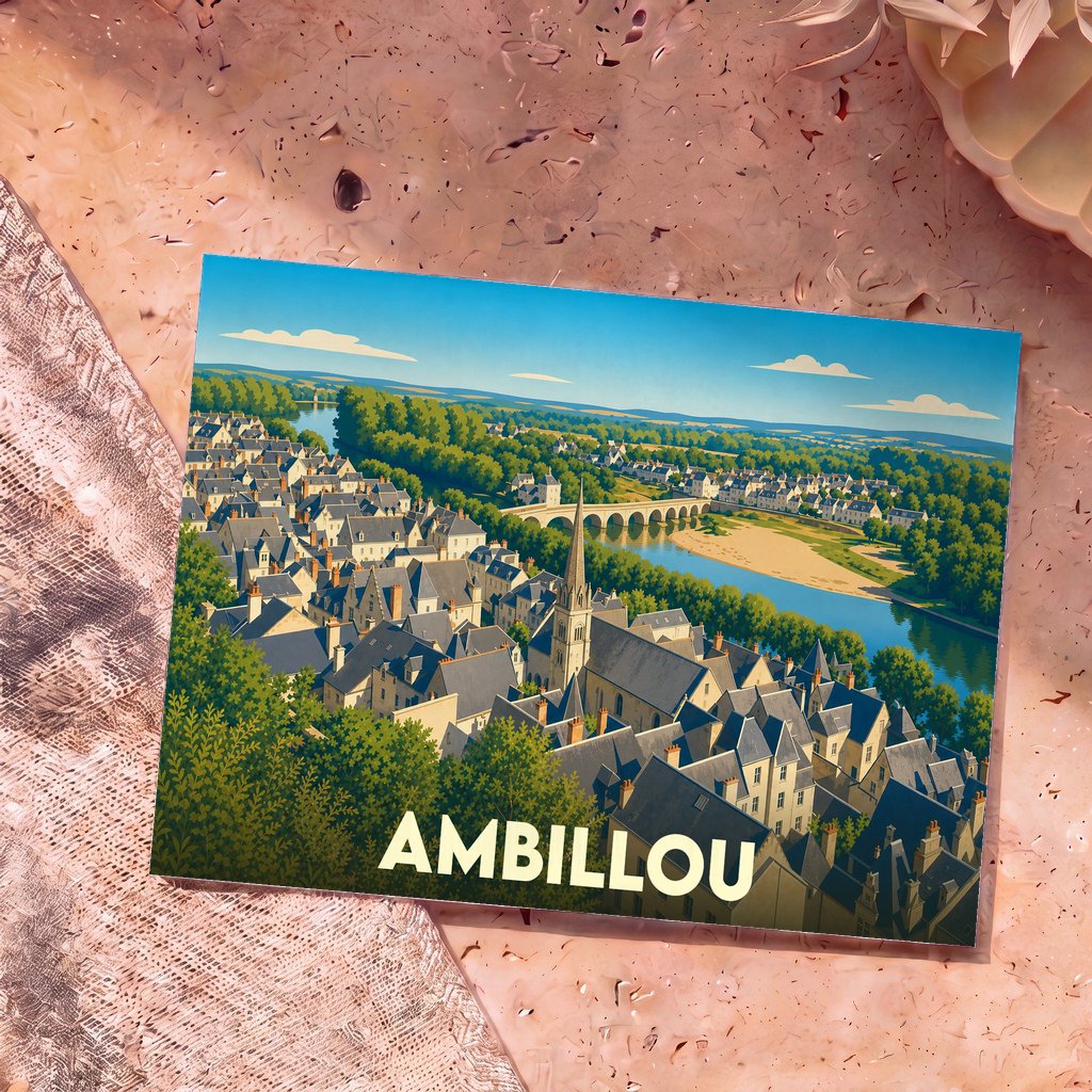 Carte postale souvenir de la ville d'Ambillou avec une illustration panoramique stylisée.