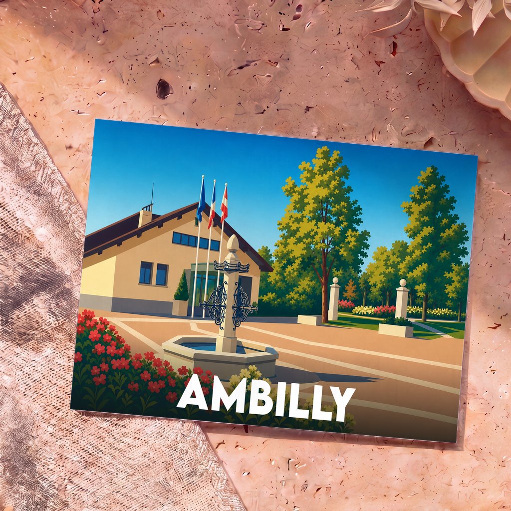 Carte postale souvenir de la ville d'Ambilly avec une illustration stylisée de sa mairie et d'une fontaine.