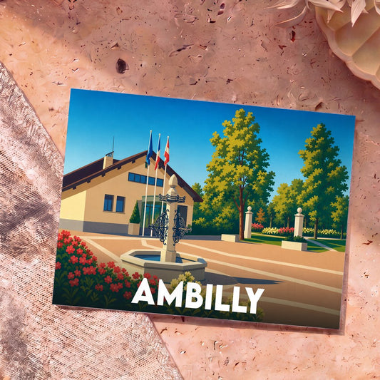 Carte postale souvenir de la ville d'Ambilly avec une illustration stylisée de sa mairie et d'une fontaine.