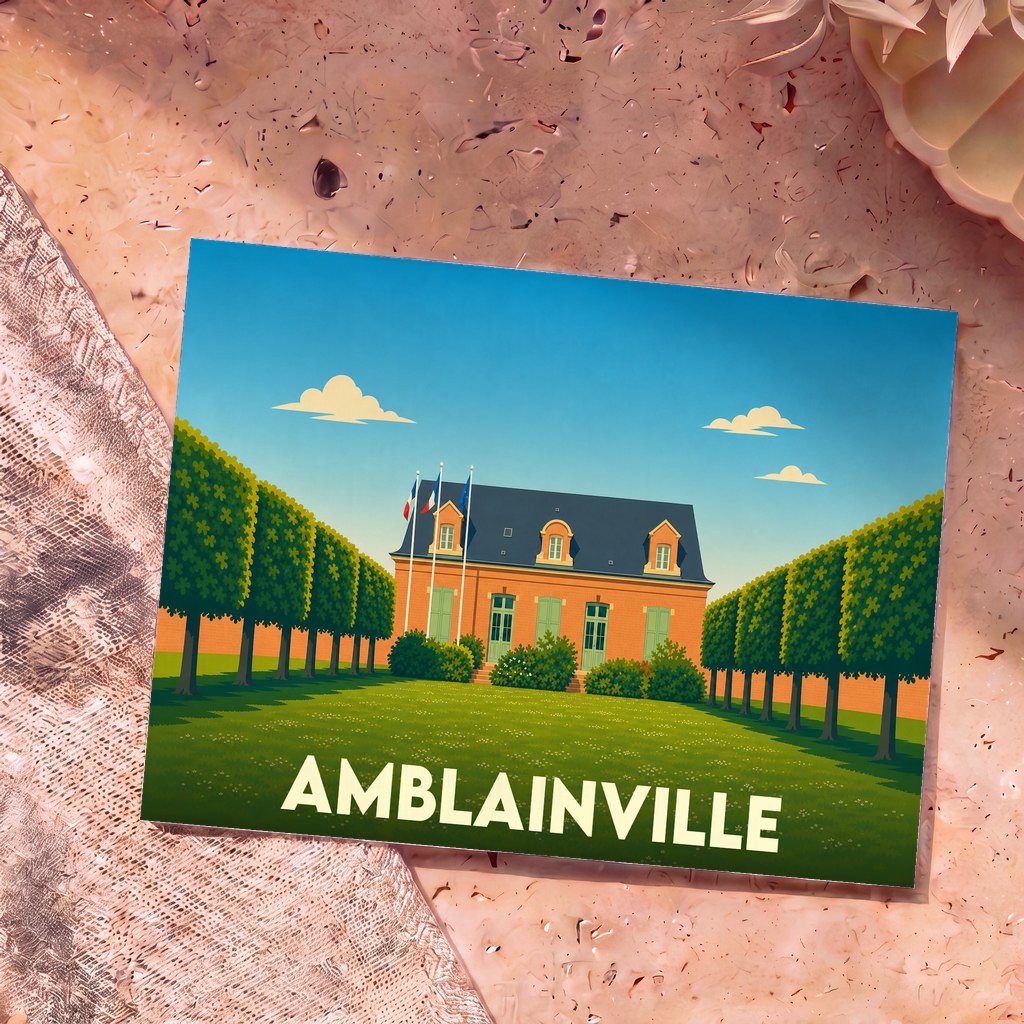 Carte postale souvenir de la ville d'Amblainville avec une illustration stylisée d'un bâtiment historique et de ses jardins.