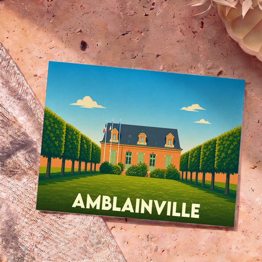 Carte postale souvenir de la ville d'Amblainville avec une illustration stylisée d'un bâtiment historique et de ses jardins.